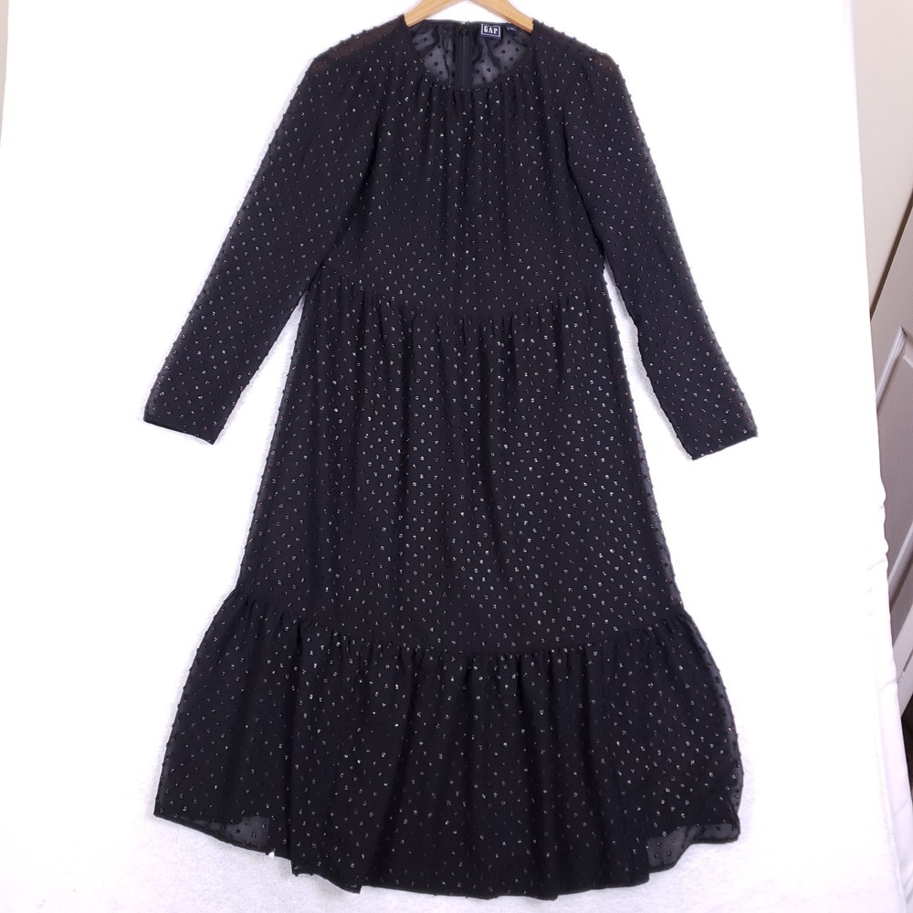 GAP Tiered Midi Dress 4 Long Sleeve Black Copper Metallic Clip Dot Whimsigoth